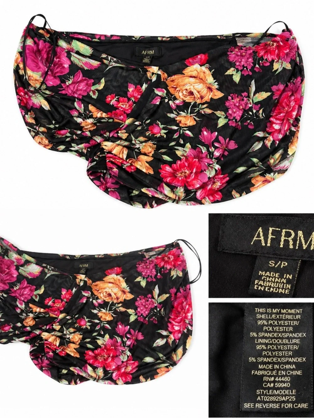 NWT AFRM Fabiola Top Black Floral Mesh Off Shoulder Ruched Stretch Small Revolve - Picture 4 of 4